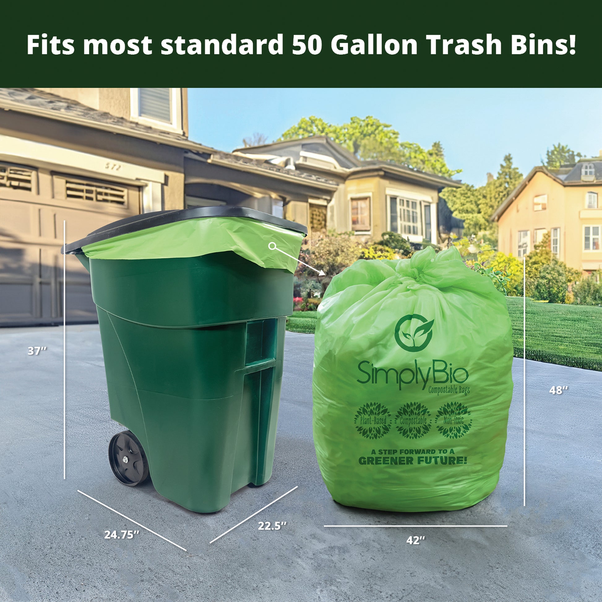 55 Gallon Compostable Trash Bags 1 Mil, 42W x 48H, 100 /ca