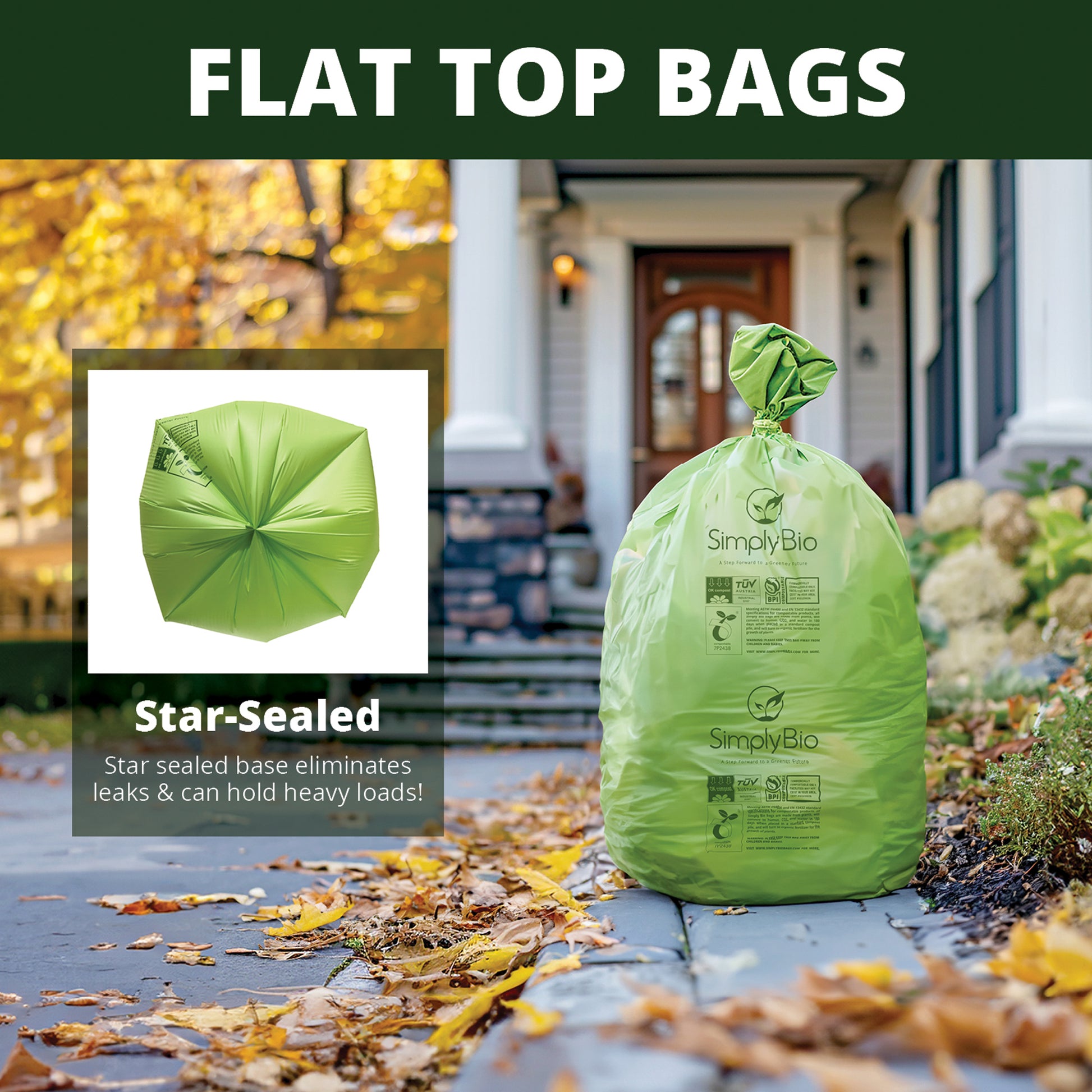 Simply Bio 55 gal. 1.57 Mil. Compostable Heavy-Duty Trash Bags with Flat Top, Eco-Friendly (12-Count), Green