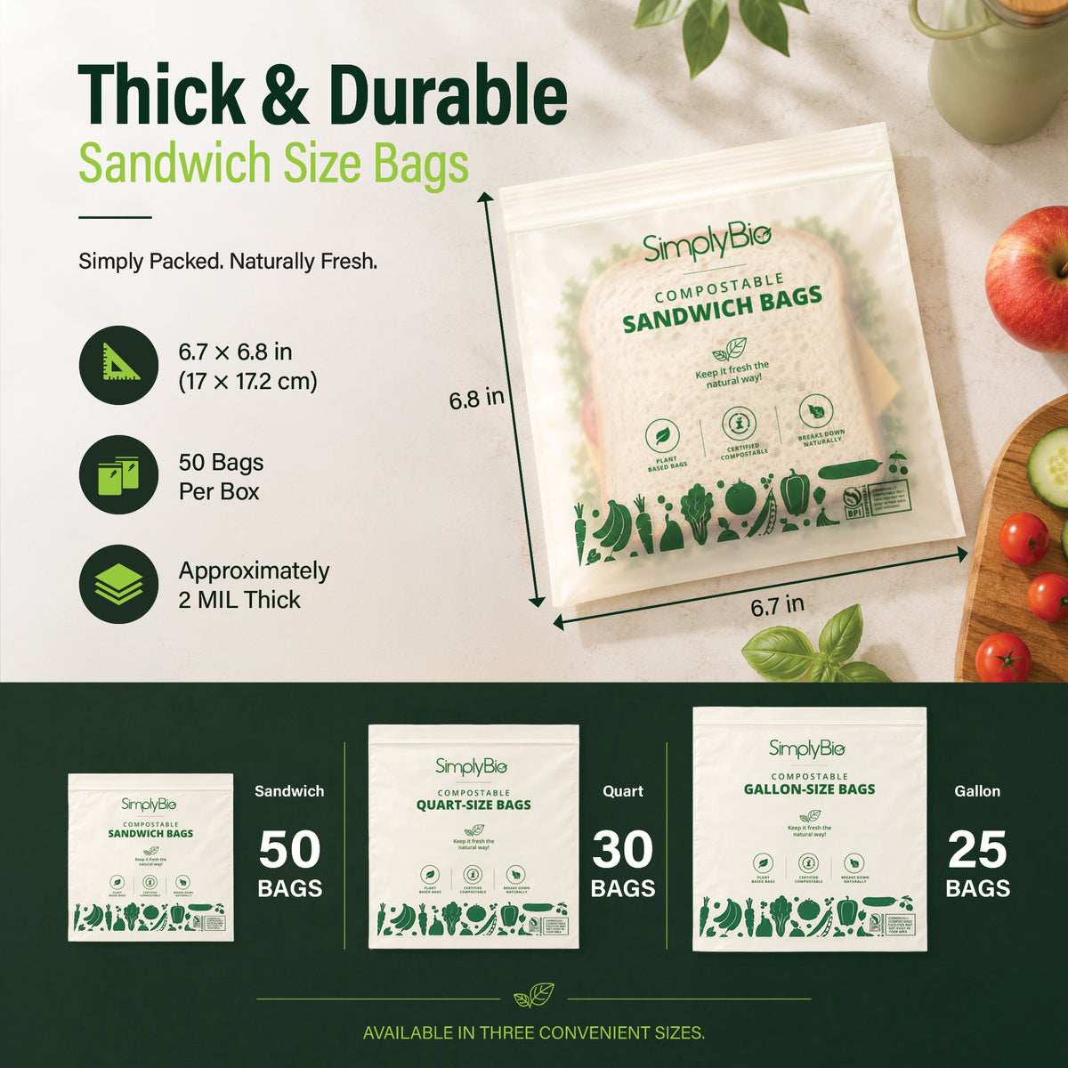 Compostable Food Storage Bags - Sandwich Size | 50 Count