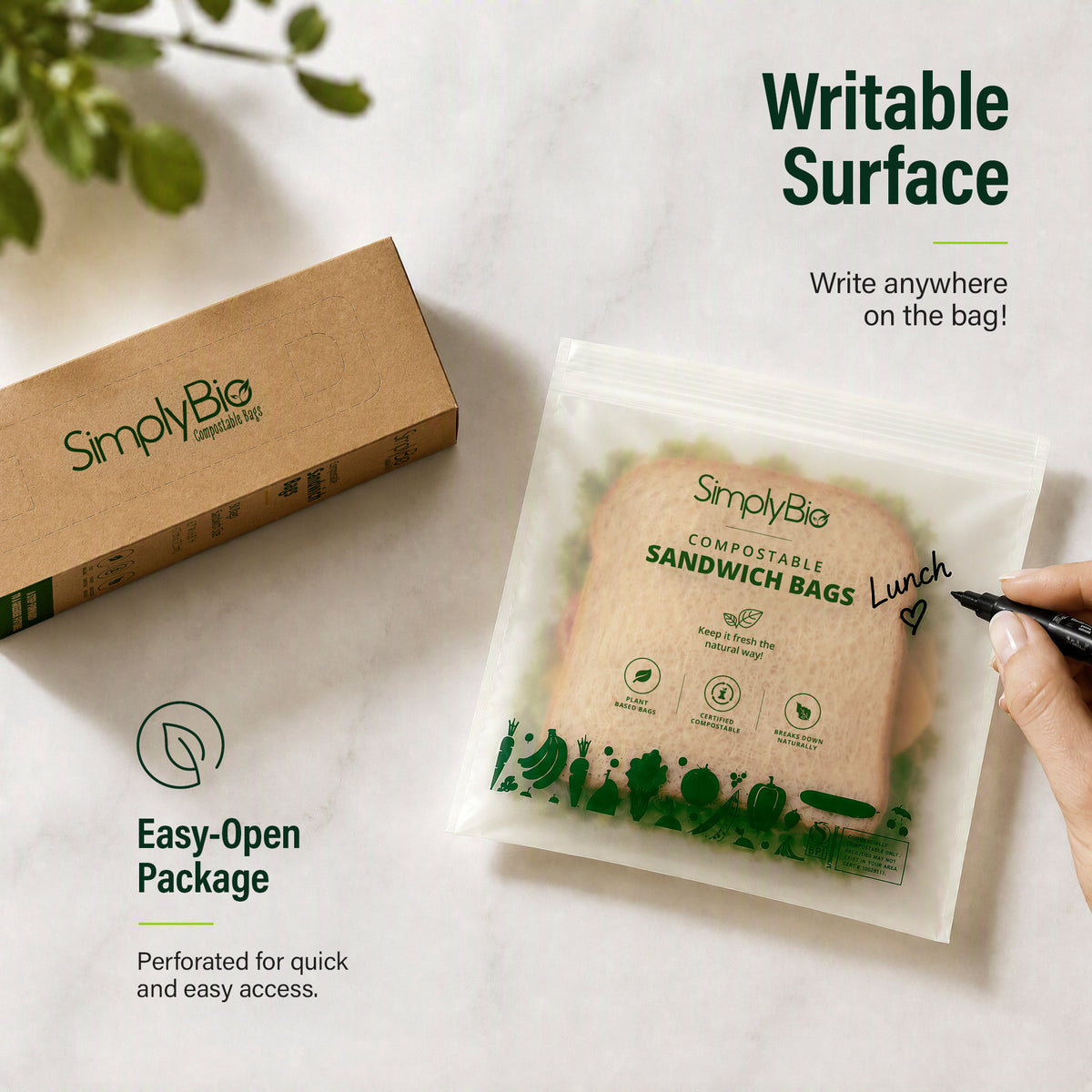 Compostable Food Storage Bags - Sandwich Size | 50 Count